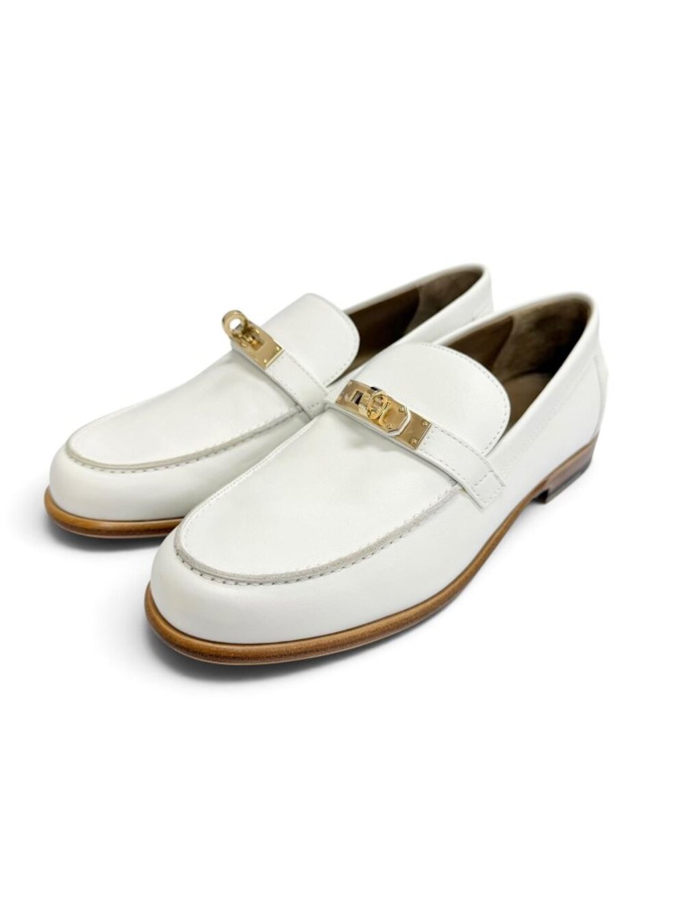 Hermes Moccasins Destin Leather Gold Kelly Buckle Loafers White